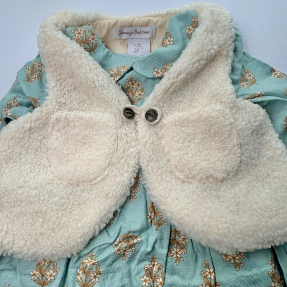 NEW Tommy Bahama Floral Dress Sherpa Vest‎ Peter Pan Collar Long Sleeve 18 month
